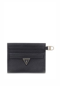 Czarny skórzany portfel na karty z teksturowaną powierzchnią, wieloma przegródkami na karty, zamykaną na zamek komorą oraz trójkątnym metalowym logo.