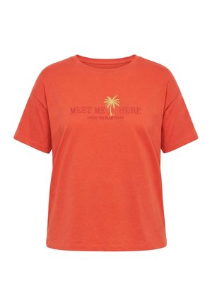 Pomarańczowy t-shirt z krótkim rękawem z żółtą grafiką palmy i napisem "SPOTKAJMY SIĘ TU" oraz "POD PALMAMI" na środku przodu.