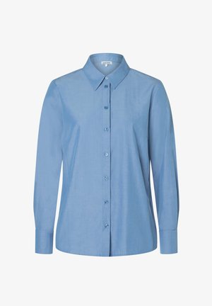 Blue button-up shirt with a classic collar, long sleeves, and cuffed wrists. Smooth texture and light, breathable fabric. Five buttons down the front.