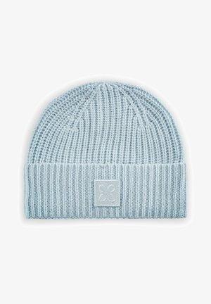 Lichtblauwe gebreide beanie met een geribbeld patroon, voorzien van een omgeslagen boord en een vierkante logo patch aan de voorkant.