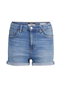 Pantaloni shorts in denim blu con vestibilità slim, risvolti, vita media e tasche frontali. Presentano un leggero sbiadimento e cuciture a contrasto.