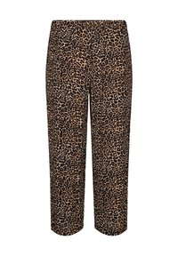 Kattmönstrade cropped-byxor med elastisk midja, tillverkade av ett mjukt tyg med en slät textur. Färgerna inkluderar beige, brun och svart.