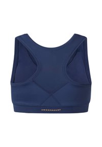 Marineblå racerback sports-bh med meshpaneler og "Swedemount" logo i guld på den nederste rygbånd.