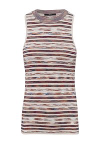 Haut sans manches en tricot avec col rond, présentant des rayures horizontales multicolores dans des tons de blanc, marron, bleu et violet.