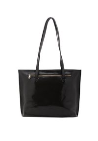 Sac fourre-tout en cuir noir avec une finition brillante, deux longues poignées, et une poche zippée à l'avant dotée de quincaillerie dorée. Forme rectangulaire.