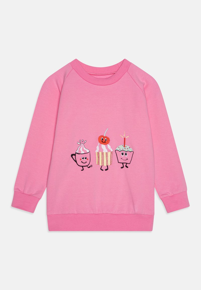 Felpa rosa con maniche raglan, decorata con tre dessert in stile cartoon: un cupcake, una coppa di gelato e una scatola di popcorn a righe, tutti con disegni giocosi.