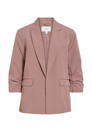 Veste pour femmes rose poussiéreux avec manches trois-quarts froncées, revers crantés et poches à rabat sur les côtés avant.