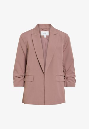 Veste pour femmes rose poussiéreux avec manches trois-quarts froncées, revers crantés et poches à rabat sur les côtés avant.