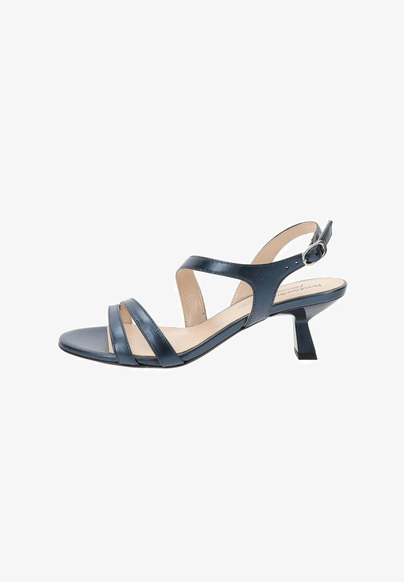 Navy leather sandal with multiple crisscross straps and a buckle closure. Features a pointed toe and a low, block heel design.
