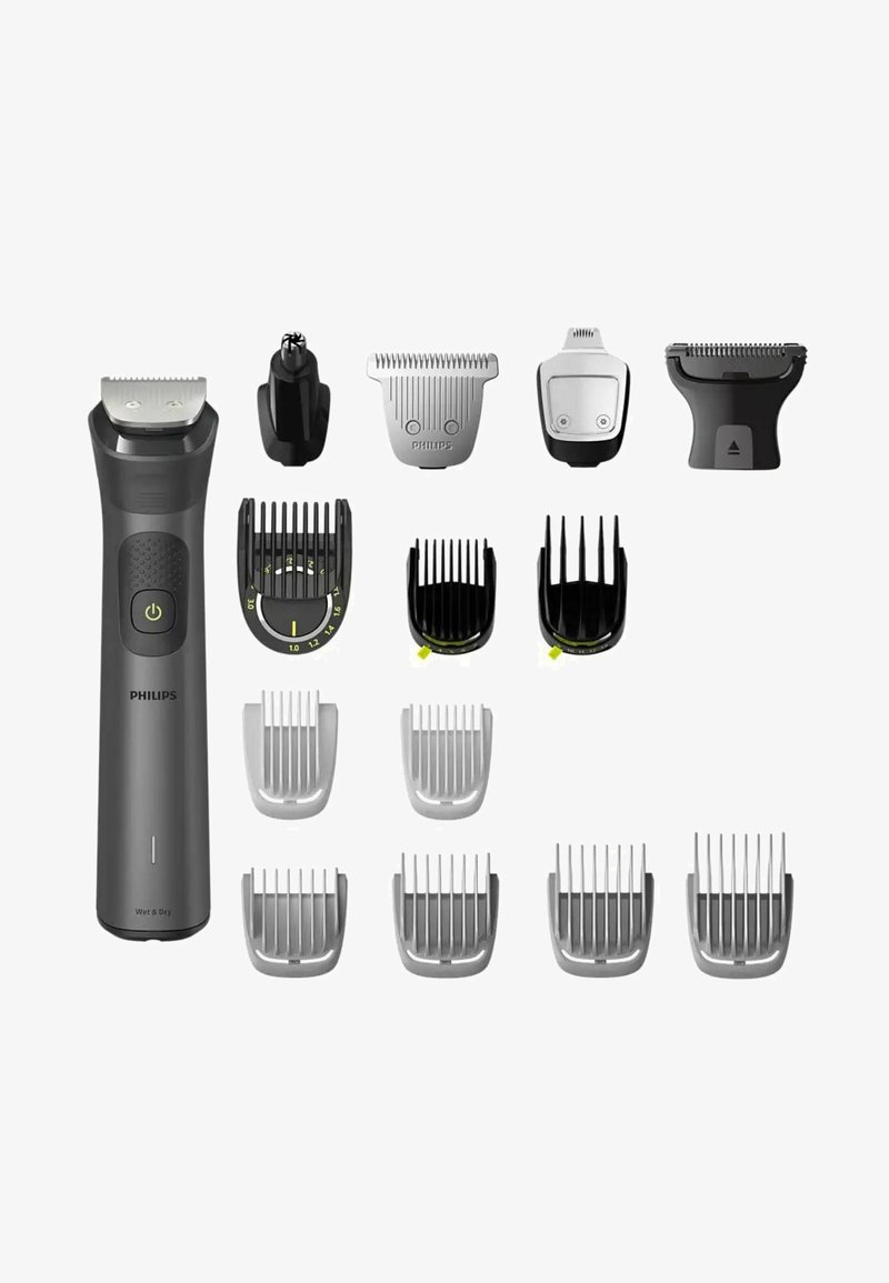 Kit di cura Philips con un regolabarba grigio scuro con impugnatura strutturata, più testine di attacco in argento e nero e protezioni di diverse lunghezze.