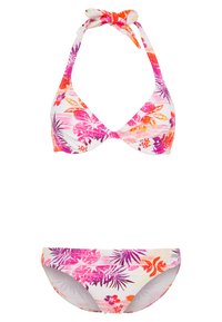 Blumen-Bikini-Set mit einem Halterneck-Oberteil mit Bindeband und passendem Unterteil. Die Farbpalette umfasst weiße, pinke, orangefarbene und lila Blumenmuster.