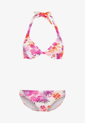 Ensemble de bikini floral comprenant un haut à col halter avec un nœud et un bas assorti. La palette de couleurs comprend des motifs floraux blancs, roses, oranges et violets.