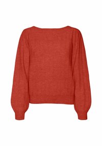 Rød strikket sweater med ribbet tekstur, brede ærmer og firkantet halsudskæring. Bagudsnittet viser en boxy silhuet og glat finish.