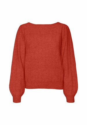 Punane kudum-sviiter ribakoe tekstuuriga, laiad varrukad ja ruudu kujuline kaelus. Tagumine vaade näitab kastjat siluetti ja sujuvat viimistlust.