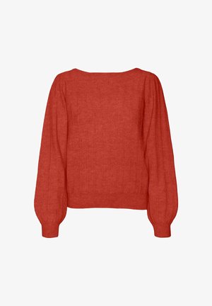 Punane kudum-sviiter ribakoe tekstuuriga, laiad varrukad ja ruudu kujuline kaelus. Tagumine vaade näitab kastjat siluetti ja sujuvat viimistlust.