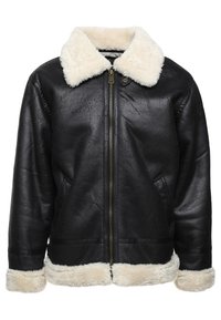 Schwarze Lederjacke mit einem Kragen und Manschetten aus Kunstfell, ausgestattet mit einem Reißverschluss vorne und zwei seitlichen Taschen. Glatte Textur mit einem leicht glänzenden Finish.
