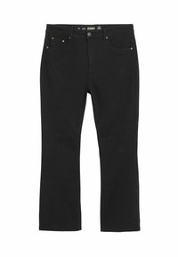 Mustat farkut suoranlahkeisella muotoilulla, joissa on kultaiset yksityiskohdat etutaskuissa ja klassinen nappi- ja vetoketjusulje.