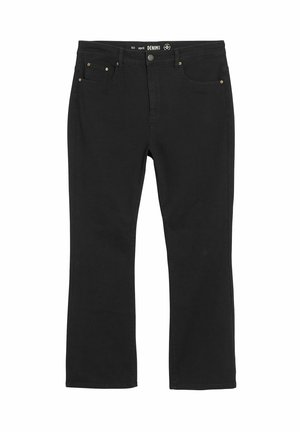 Sorte denimjeans med lige ben, der har guld accenter på frontlommen og en klassisk knap- og lynlåslukning.
