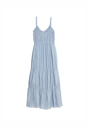 Helles blaues, ärmelloses Kleid aus weichem Stoff mit gerafften Details, einem geschwungenen Ausschnitt und einem gestuften Rüschensaum.