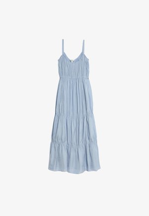 Helles blaues, ärmelloses Kleid aus weichem Stoff mit gerafften Details, einem geschwungenen Ausschnitt und einem gestuften Rüschensaum.