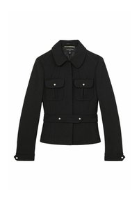 Schwarze Jacke mit einem kragenförmigen Ausschnitt, zwei Vorderaschen, taillierter Taille und Knopfakzenten. Hergestellt aus glattem Material mit einem maßgeschneiderten Design.