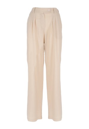 Pantaloni beige a vita alta, sartoriali con pieghe, passanti per cintura e chiusura frontale con bottone, dal taglio a gamba dritta.
