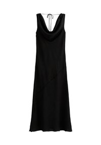 Abito nero senza maniche con scollo a cowl e chiusura con lacci sul retro; presenta una cucitura diagonale e una texture liscia.