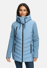 Light blue insulated jacket with a high neck, large collar, black zipper, and side pockets, featuring a quilted design for warmth.