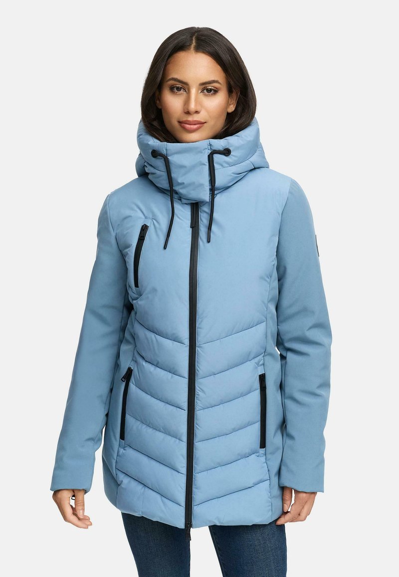 Light blue insulated jacket with a high neck, large collar, black zipper, and side pockets, featuring a quilted design for warmth.