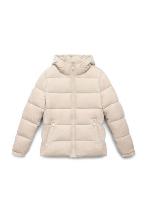 Veste rembourrée beige clair avec capuche et fermeture éclair à l'avant, dotée de deux poches zippées, posée à plat sur fond blanc.
