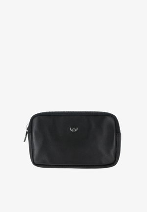 Black rectangular leather pouch with zip closure and small silver emblem centered on front.