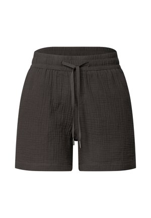 Mørkegrå teksturerede stoffershorts med elastisk taljebånd og justerbar snor foran i midten.