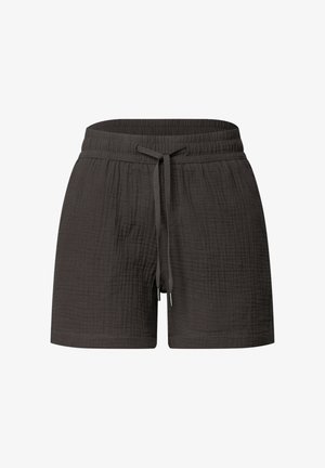 Mørkegrå teksturerede stoffershorts med elastisk taljebånd og justerbar snor foran i midten.