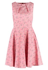 Růžové bezramínkové šaty s rozšířenou sukní, drobným květinovým vzorem v bílé a tmavě růžové barvě a skládáním na dekoltu.