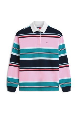 Polo à manches longues avec rayures horizontales en rose, sarcelle, marine, blanc et rouge, avec un col blanc et un petit logo sur la poitrine.