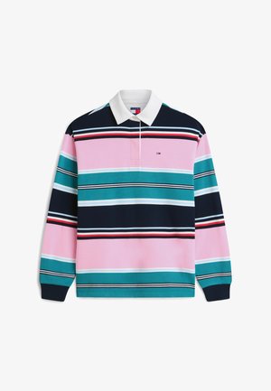Polo à manches longues avec rayures horizontales en rose, sarcelle, marine, blanc et rouge, avec un col blanc et un petit logo sur la poitrine.