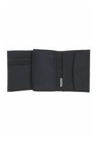 Portefeuille noir à trois volets ouvert à plat montrant plusieurs emplacements pour cartes et compartiments avec une texture en tissu et des bords cousus.