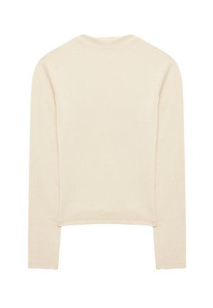 Crèmekleurig shirt met lange mouwen en een eenvoudige ronde hals, van achteren getoond op een witte achtergrond.
