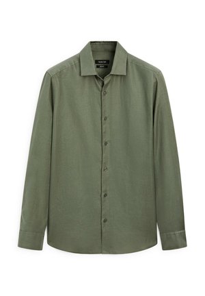 Lange mouwen shirt in olijfgroen, gemaakt van lichtgewicht stof. Heeft een klassieke kraag en zes knopen aan de voorkant met een gebogen zoom.