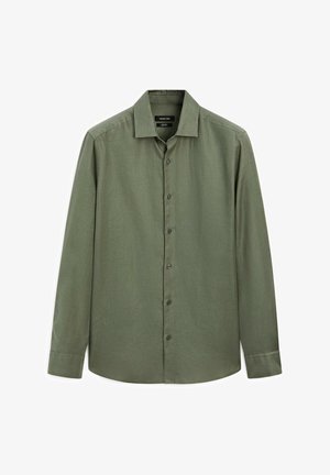 Langärmliges Hemd in Olivgrün, aus leichtem Stoff gefertigt. Verfügt über einen klassischen Kragen und sechs Vorderknöpfe sowie einen abgerundeten Saum.