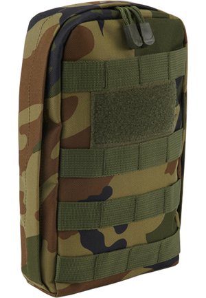 Camouflage tactical pouch in green, brown, and black. Features a zip closure, textured fabric, and Velcro panel with webbing straps.