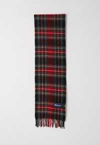 Sciarpa di lana con un motivo a scacchi rosso, nero e giallo, con estremità frangiate. Include un'etichetta blu con il logo Barbour.