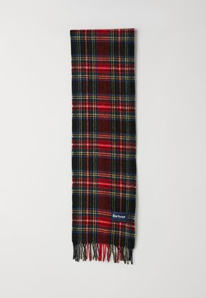 Wollen sjaal met een geruit patroon in rood, zwart en geel, voorzien van franjes aan de uiteinden. Inclusief een blauwe label met het Barbour-logo.