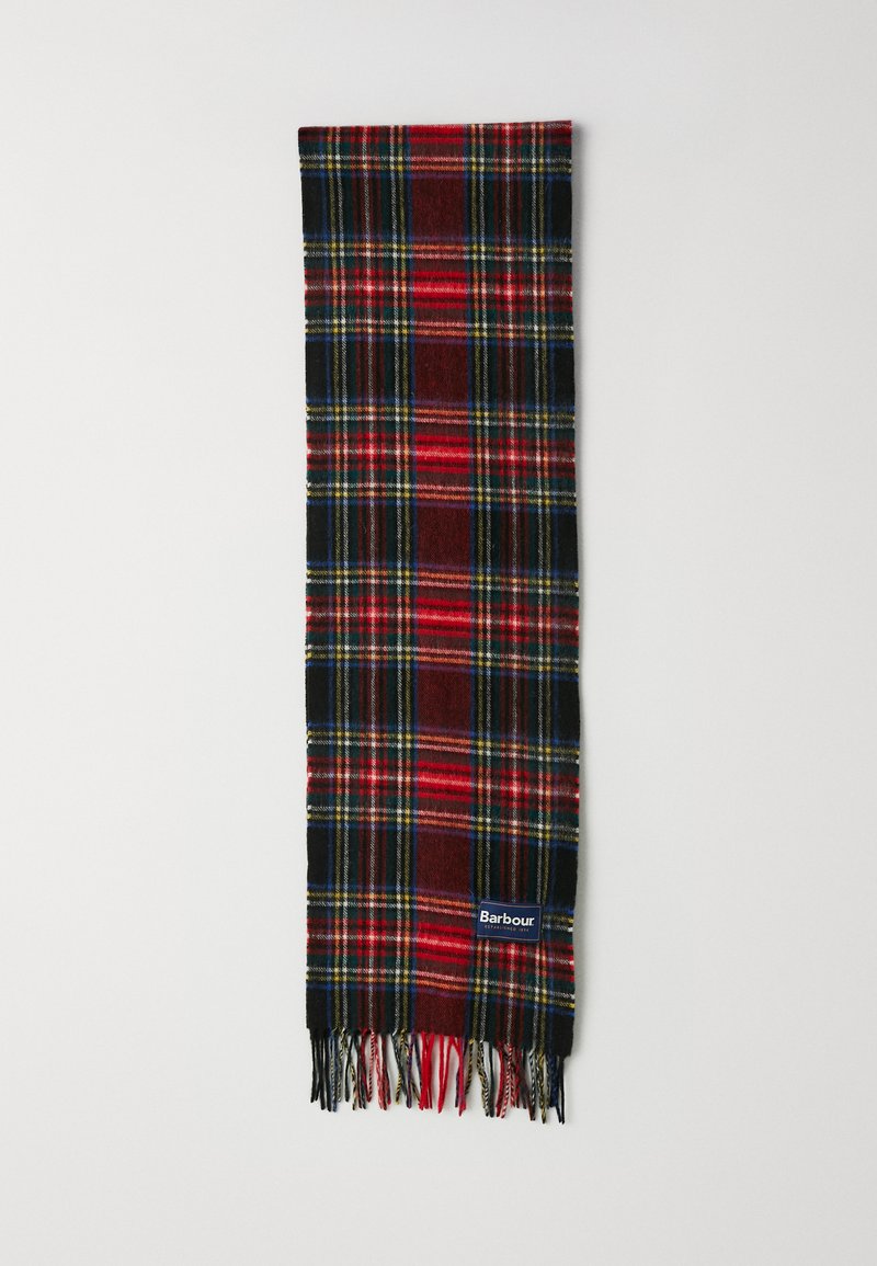 Sciarpa di lana con un motivo a scacchi rosso, nero e giallo, con estremità frangiate. Include un'etichetta blu con il logo Barbour.