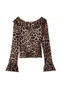 Leopard print top with an off-the-shoulder design, long flared sleeves, ruffled neckline, and a smooth fabric texture.
