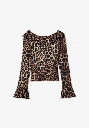 Leoparda raksta tops ar plecus atklājošu dizainu, garām palētām piedurknēm, viļņotu apkakli un gludu auduma tekstūru.