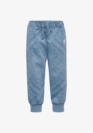 Niebieskie spodnie dresowe z wzorem paisley, wyposażone w elastyczny pas, ściągacze przy nogawkach oraz subtelne kwiatowe akcenty w tonacji kolorystycznej.