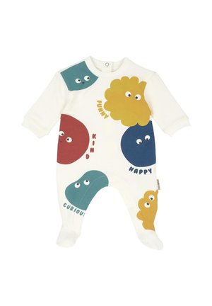 Body blanc pour bébé avec des visages de dessins animés colorés et les mots drôle, gentil, heureux, curieux imprimés sur le devant et les jambes.