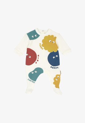 Body blanc pour bébé avec des visages de dessins animés colorés et les mots drôle, gentil, heureux, curieux imprimés sur le devant et les jambes.