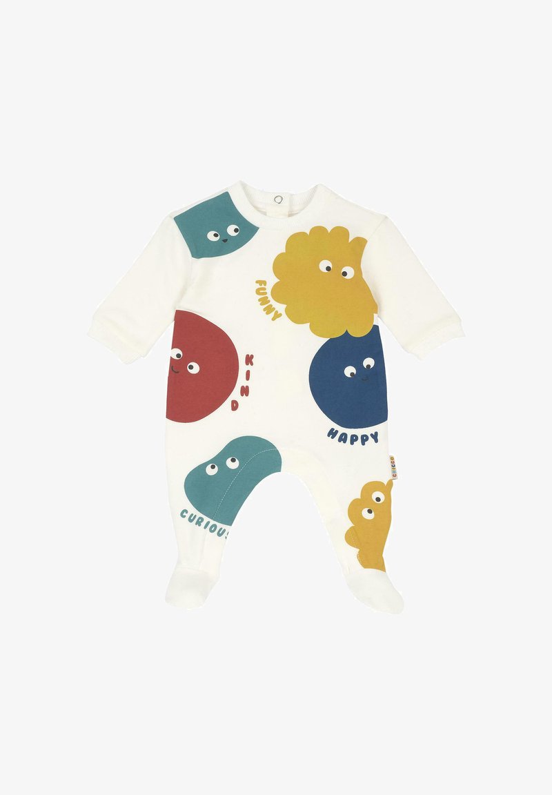Body blanc pour bébé avec des visages de dessins animés colorés et les mots drôle, gentil, heureux, curieux imprimés sur le devant et les jambes.